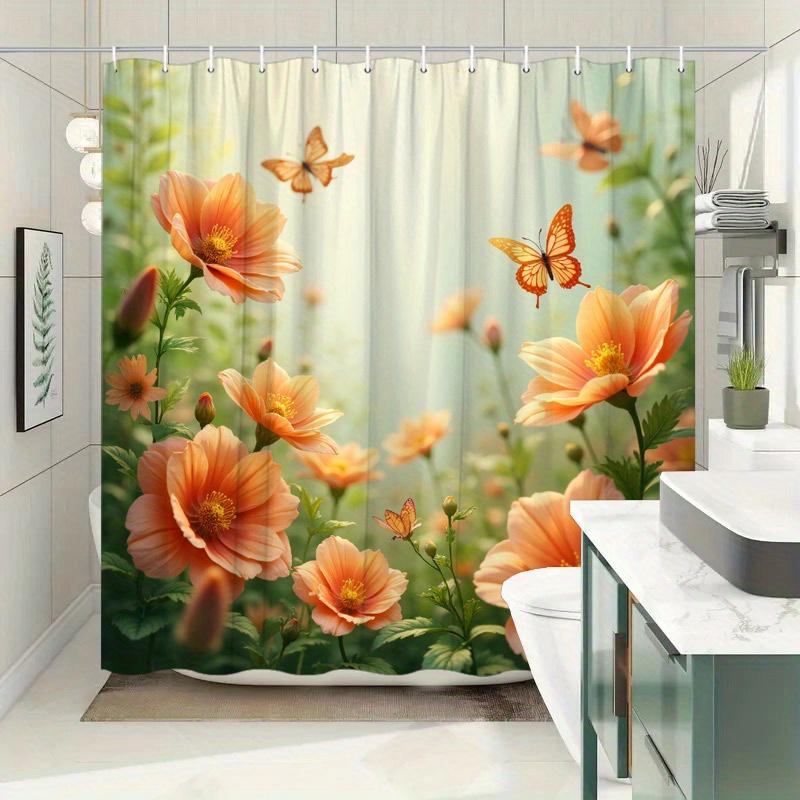 Bezaubernder Blumiger Paradies Duschvorhang für ein Ruhiges Badeerlebnis, Mit Leuchtend Orangen Blüten in Voller Blüte