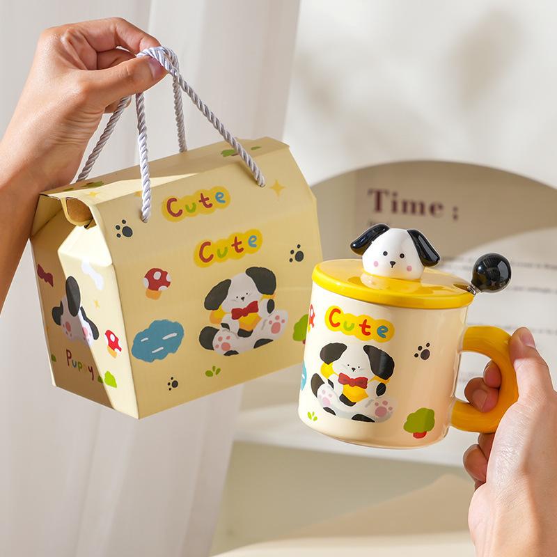 Ceramic Puppy Cup Birthday Gift Box Large Capacity Cup with Lid Spoon Global Couple Cup Souvenir