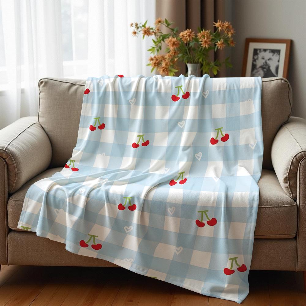 Cherry Heart Check Anime Cartoon Flannel Blanket Soft Warm Throw for Bedroom Sofa Car Kids Holiday Gift