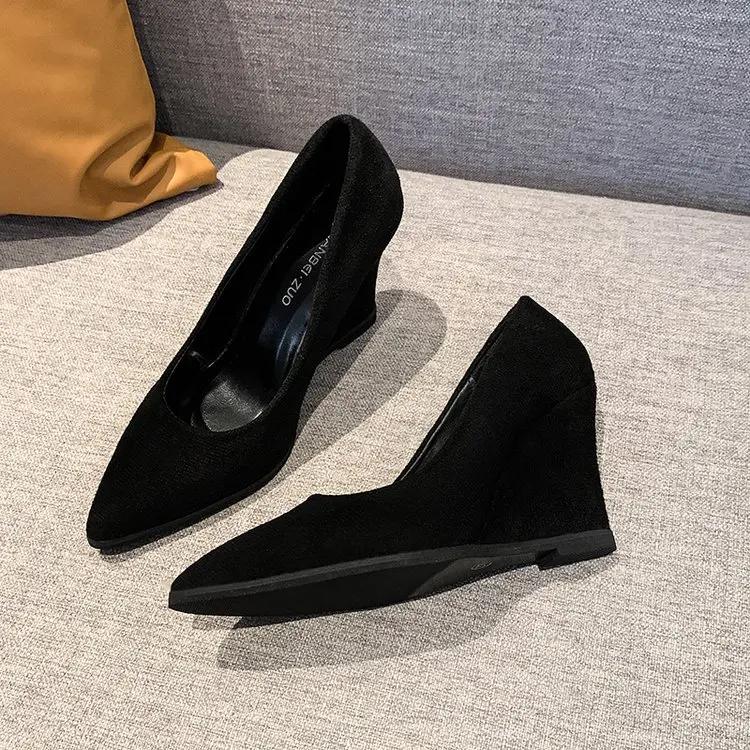 Shallow Pointed Toe Women Shoes Wedges Suede High Heels Fashion Shoes  Trend Designer Dress Party Winter Femme