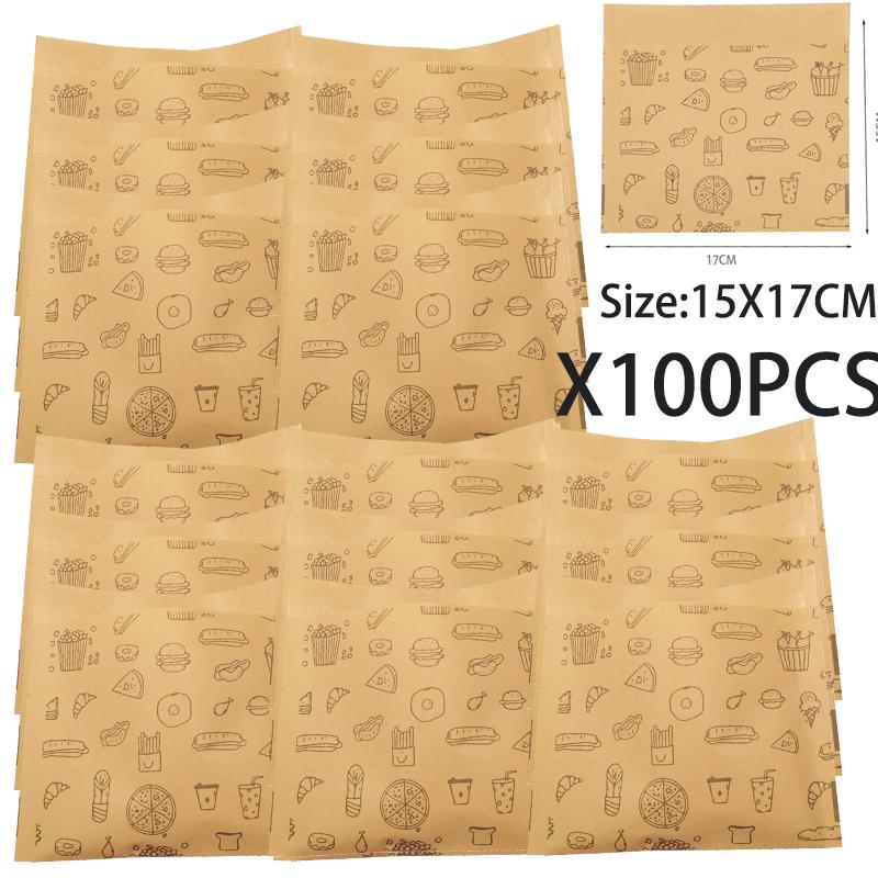 100/50Pcs Greaseproof Paper Bag Disposable Packaging Baking Paper Dessert Sandwich Burger Package Bag Kitchen Accessories