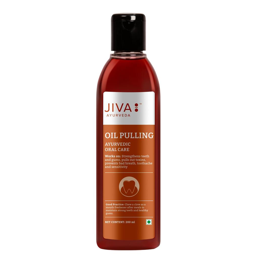 Jiva Oil Pulling 200ml | Olio Ayurvedico Per Oil Pulling Pulisce Profondamente la Bocca, Tossine | Alito Cattivo, Allevia il Mal di Denti e la Sensibilità