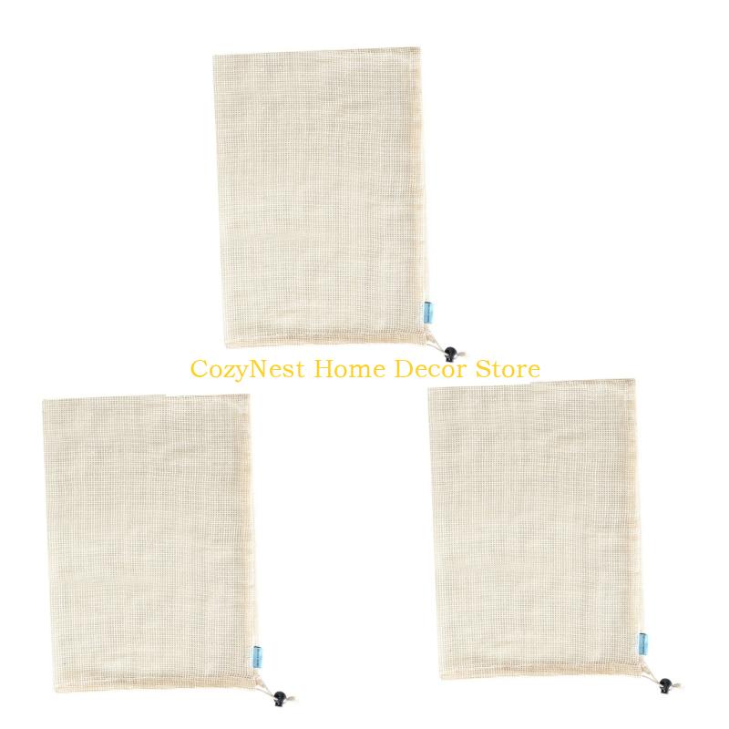 92MF Reusable Cotton Meshes Produce Bags Drawstring Closure Multiple Sizes For Fruits Vegetables Storage Organizers
