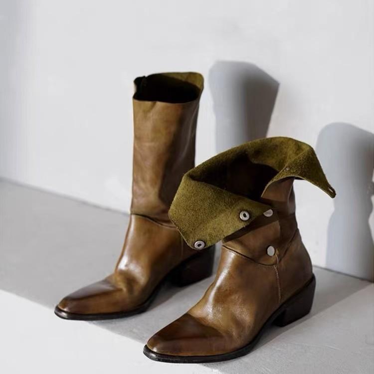 

2025 autumn and winter new fashion versatile western cowboy boots thick heel square head hidden button knight boots suede fashion 39 коричневый