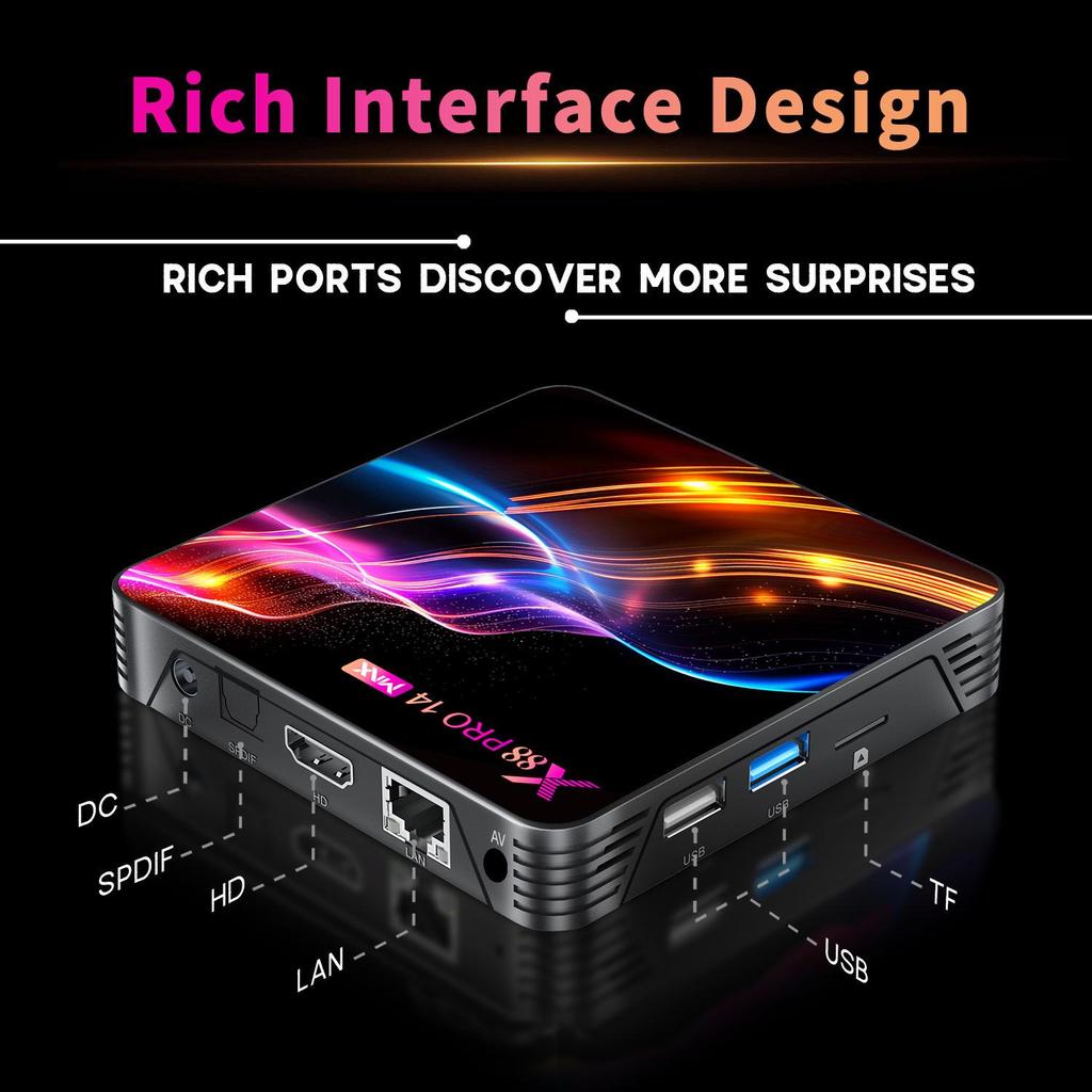 X88 Pro 14 Max Android TV Box: Android 13, RK3528, 4GB RAM, 32GB Storage, Dual Wi-Fi, Bluetooth.