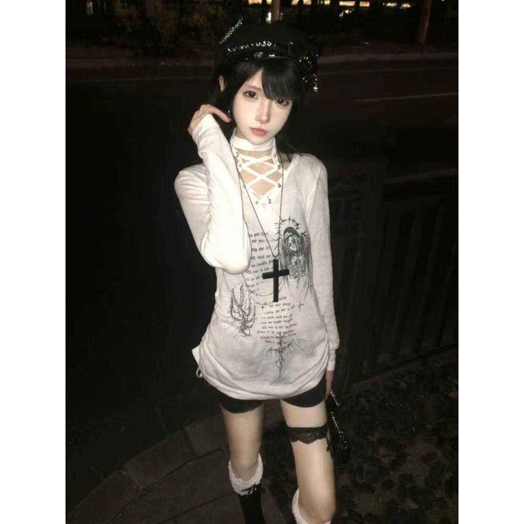 2KWEIRD Chic Print Graphic T Shirts Woman Lace Up Youthful 2000s Clothes Y2k Long Sleeve Tees Female Clothing T-shirt Spring Top