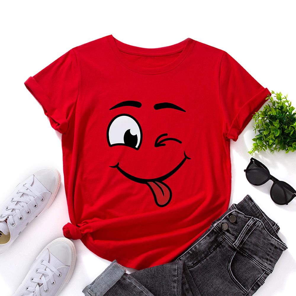 Cotton T-Shirt Short Sleeve Round Neck Women 2d Print Tops