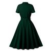 Damen Retro Swingkleider Kurzarm V-Ausschnitt Schleife Knopfleiste Gürtel Hepburn-Stil Kleid Hohe Taille Freizeitkleidung
