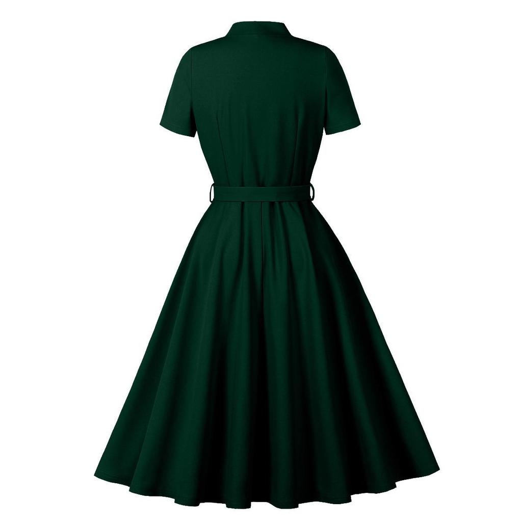 Damen Retro Swingkleider Kurzarm V-Ausschnitt Schleife Knopfleiste Gürtel Hepburn-Stil Kleid Hohe Taille Freizeitkleidung