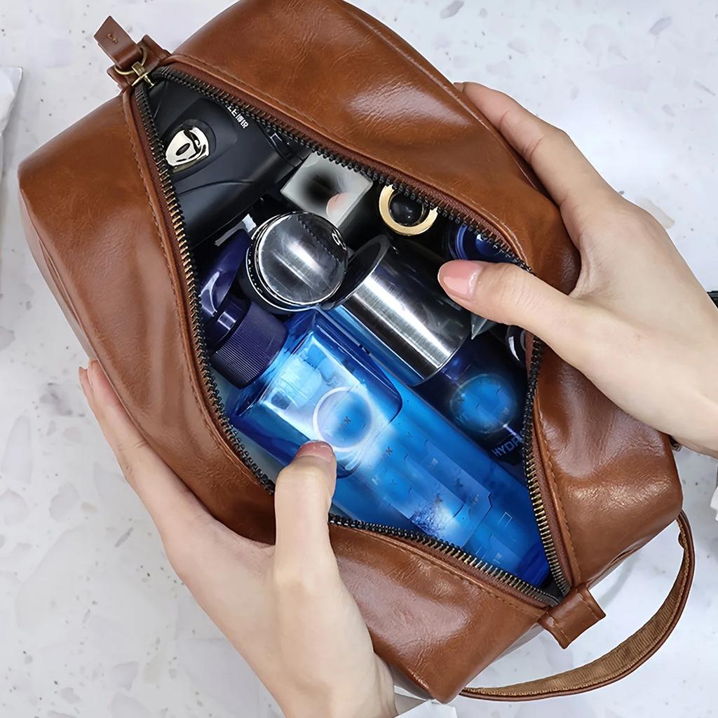 Herren-Kulturtasche aus Leder für Reisen und Geschäftsreisen, tragbare Kosmetiktasche mit großer Kapazität und mehreren Taschen, handliche Kulturtasche aus Leder