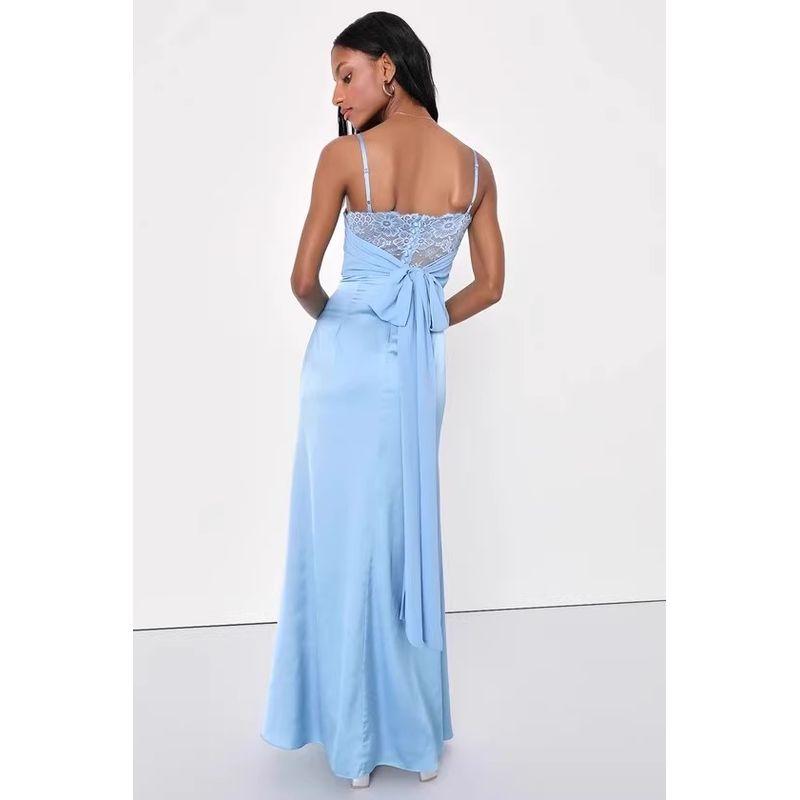 

Export Single Lu Home Export Cross-Border Sling Smooth Acetate Satin Lace Lace-up Bows Split Long Dress Peacock Blue X L