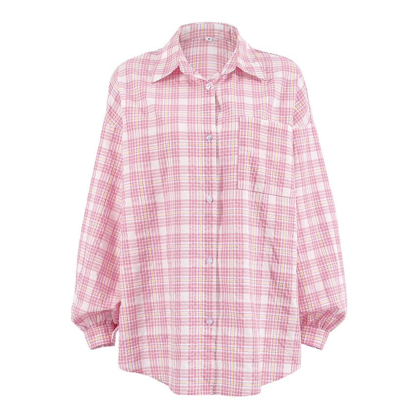 1116 Herbst Amerikanischer College-Stil Rosa Karoshemd Damen Street Top Lässiges Langarmhemd Damenbekleidung