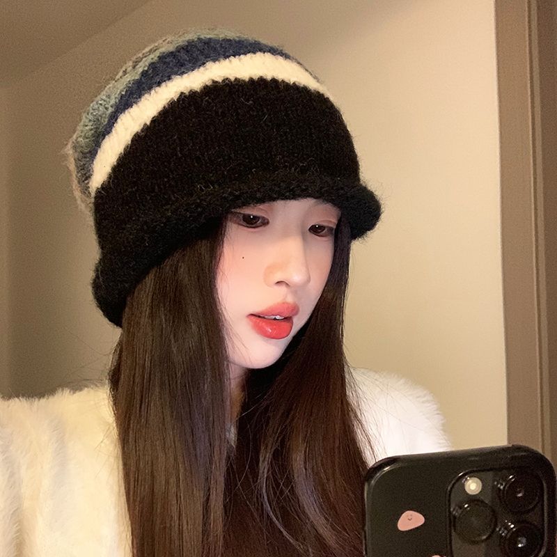 Korean Contrasting Striped Wool Hat for Women In Autumn and Winter New Warm Ear Protection Pile Hat Cold Hat Showing Face Small Knit Hat