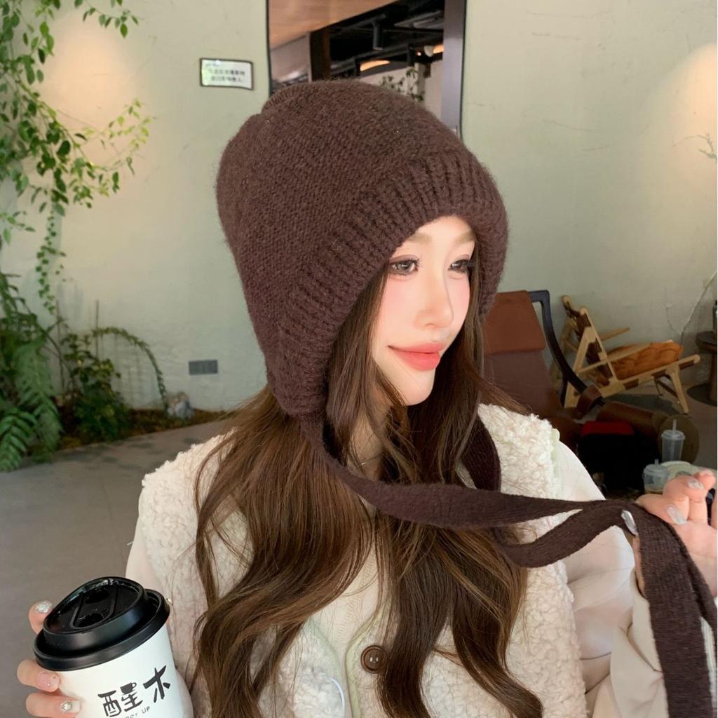 Balaclava hat women's red autumn and winter warm versatile face small solid color knitted wool ear hat