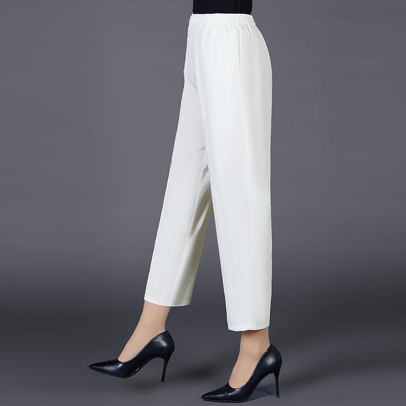 Summer Ice Silk High-Waist Elastic Pants for Middle-Aged and Older Women - Casual, Loose-Fit, Straight, Nine-Point Length