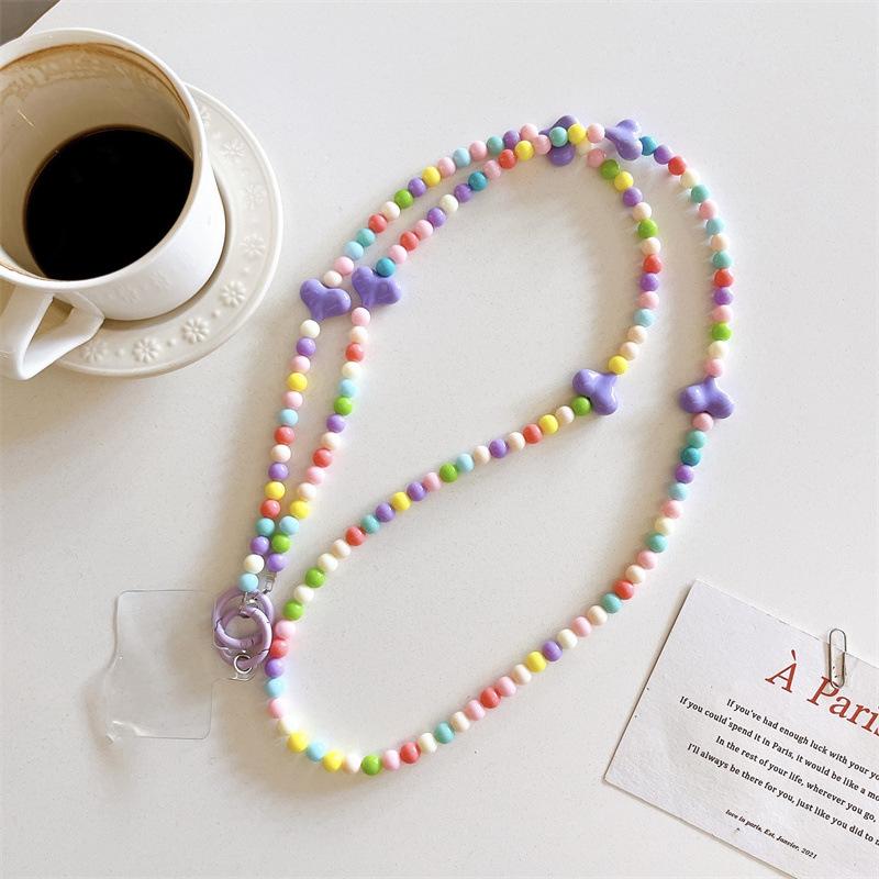 Korean Style Sweet Girl Colorful Heart Handmade Beaded Phone Case Long Chain Strap Crossbody Internet Celebrity New Chain