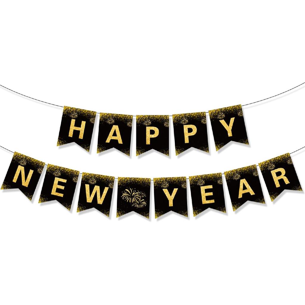 2026 Happy New Year Banner, Black and Gold Party Decorations New Year's Day Gala Party Decorations and Hanging Ornaments