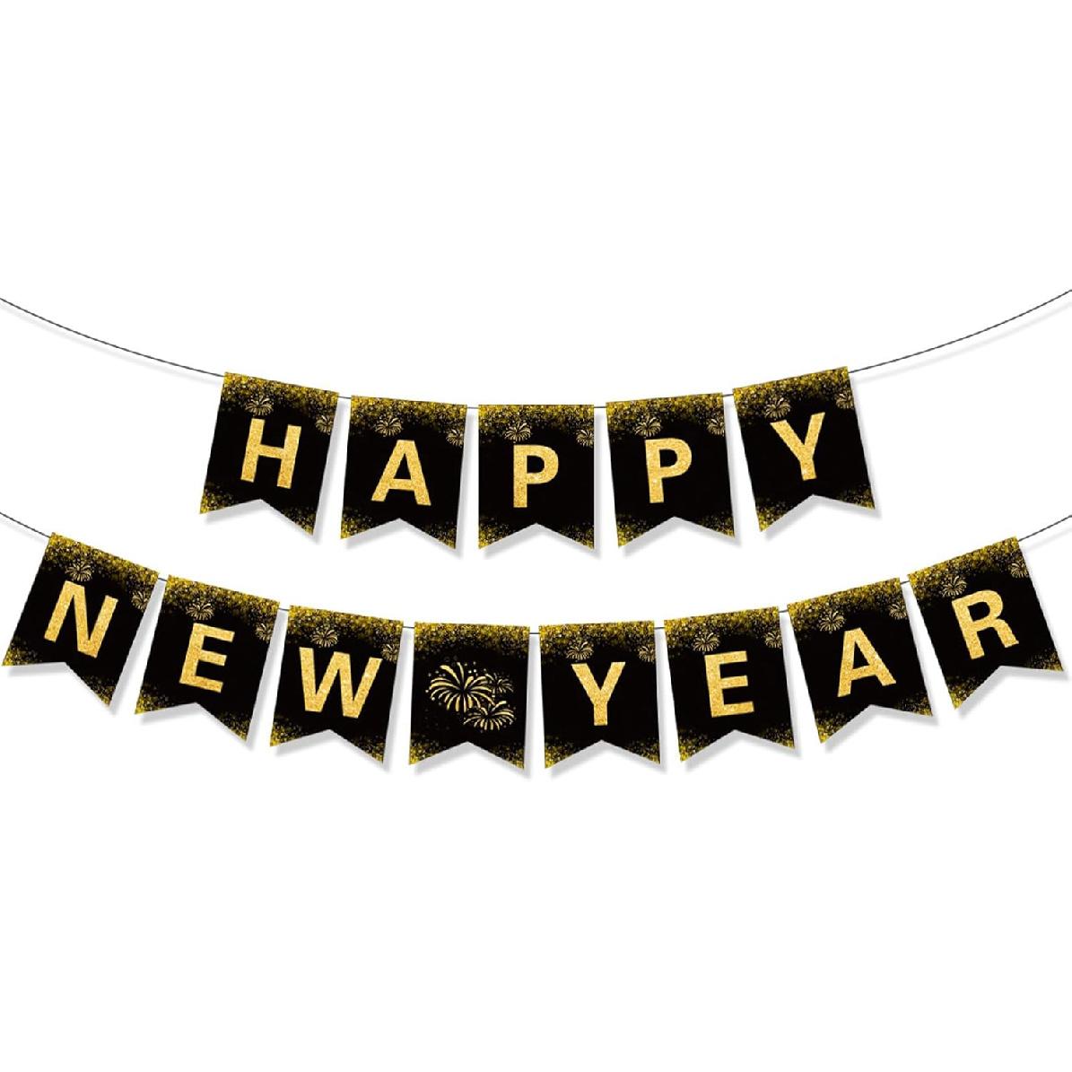 2026 Happy New Year Banner, Black and Gold Party Decorations New Year s Day Gala Party Decorations and Hanging Ornaments Banner