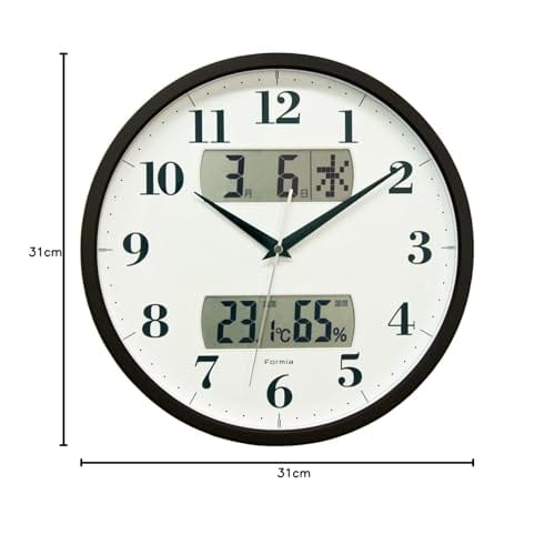 Formia Wall Clock, Radio-Controlled, Quiet, with Temperature and Humidity Monitors, Date, Calendar, Day of the Week, and Nighttime Stop Function, Brow