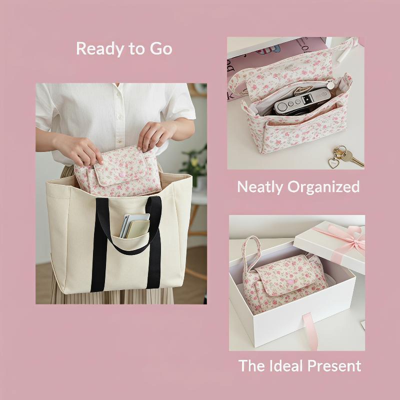 Print Floral Makeup Bag Snap Button Soft Cotton Cosmetic Pouch Flower Fabric Handle Layered Storage Bag School Students