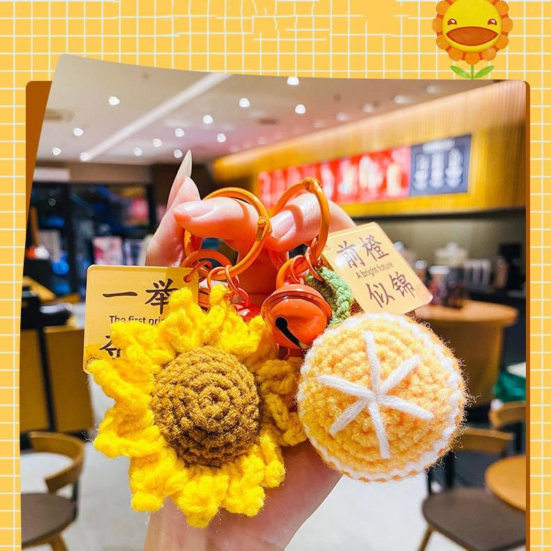 Handmade Crocheted Orange & Sunflower Keychain Set, Lucky Wish Bag Charms,Crocheted Orange & Sunflower Keychain, Lucky Wish Charms