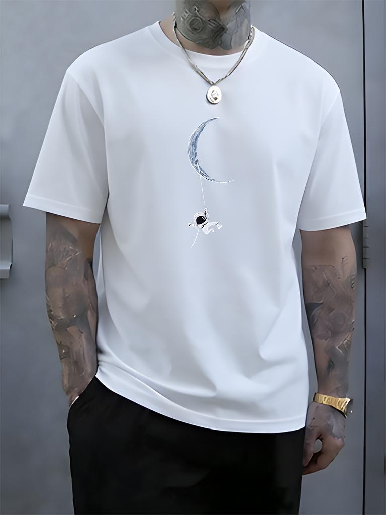 Unisex Black Crew Neck Tee Astronaut Moon Swing Print Oversized Short Sleeve Unisexs Summer Streetwear Casual Daily Basic Wear Top