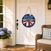 Spring Flower Wreath Welcome Sign, Independence Day Patriotic Hanging Plaque, Round Wooden Door Hanger Decoration for Indoor Outdoor