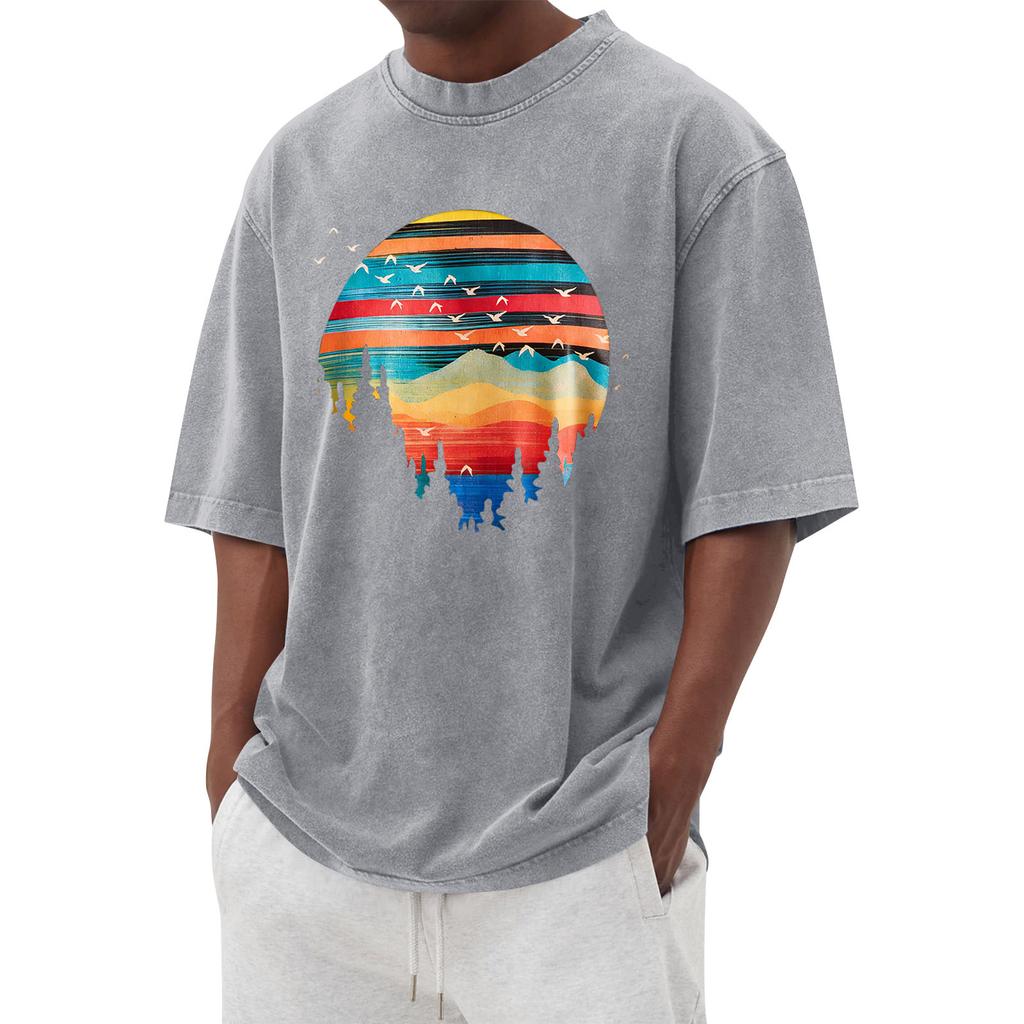 Men's Printed Round Neck T-Shirt Casual Sports Short-Sleeve Top