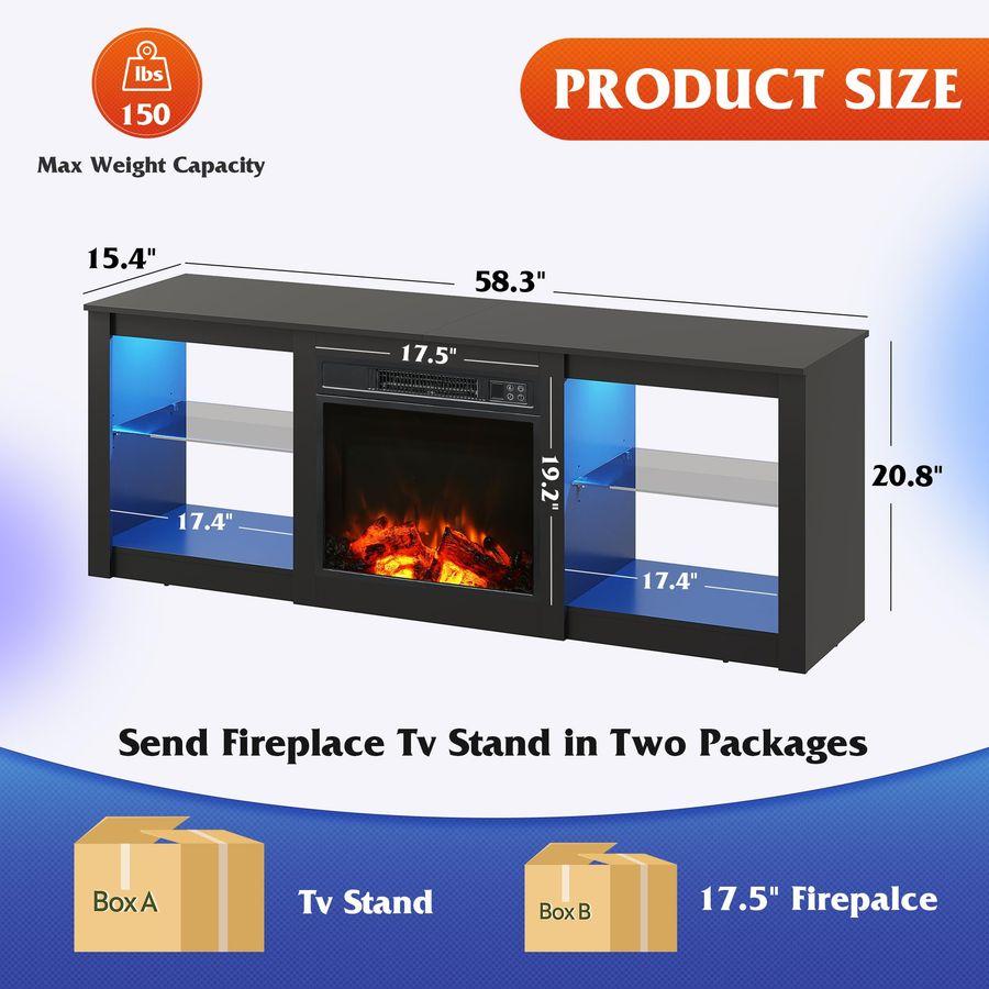 58 Inches Fireplace TV Stand with LED Lights, Modern Entertainment Center with 18 Electric Fireplace Amp Adjustable Glass Shelve