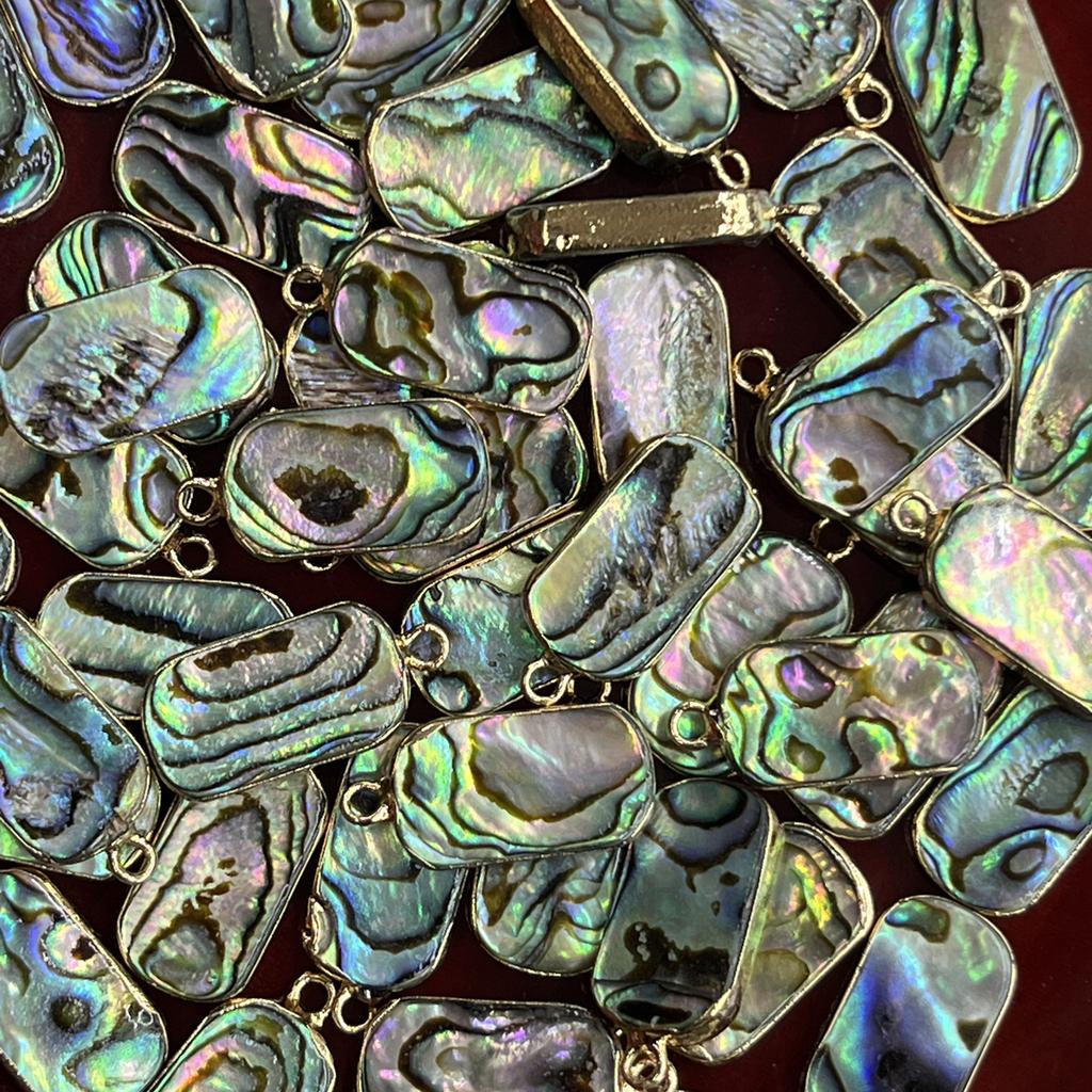1Pc, Natural Abalone Shell Rectangle Pendant Iridescent Golden Trim Charms for DIY Boho Jewelry Making Necklace & Earrings