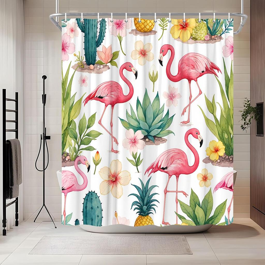 Tropical Flamingo Shower Curtain Green Cactus Succulent Flower Spring Botanical Pineapple Watercolor Beautiful Big Bird Shower