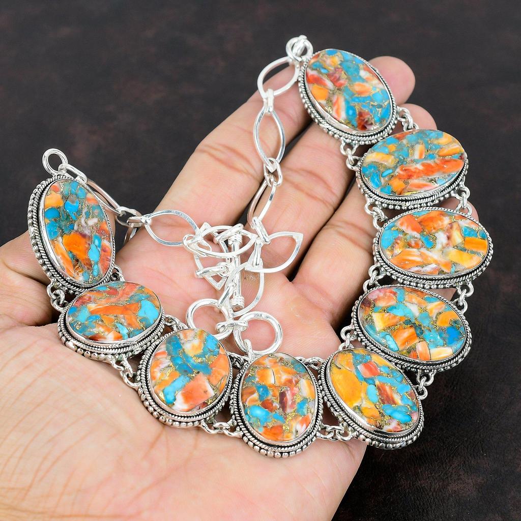 Spiny Oyster Copper Turquoise Gemstone Necklace 925 Sterling Silver Necklace Handmade Adjustable Chain Necklace Vintage Jewelry Gift For Mom