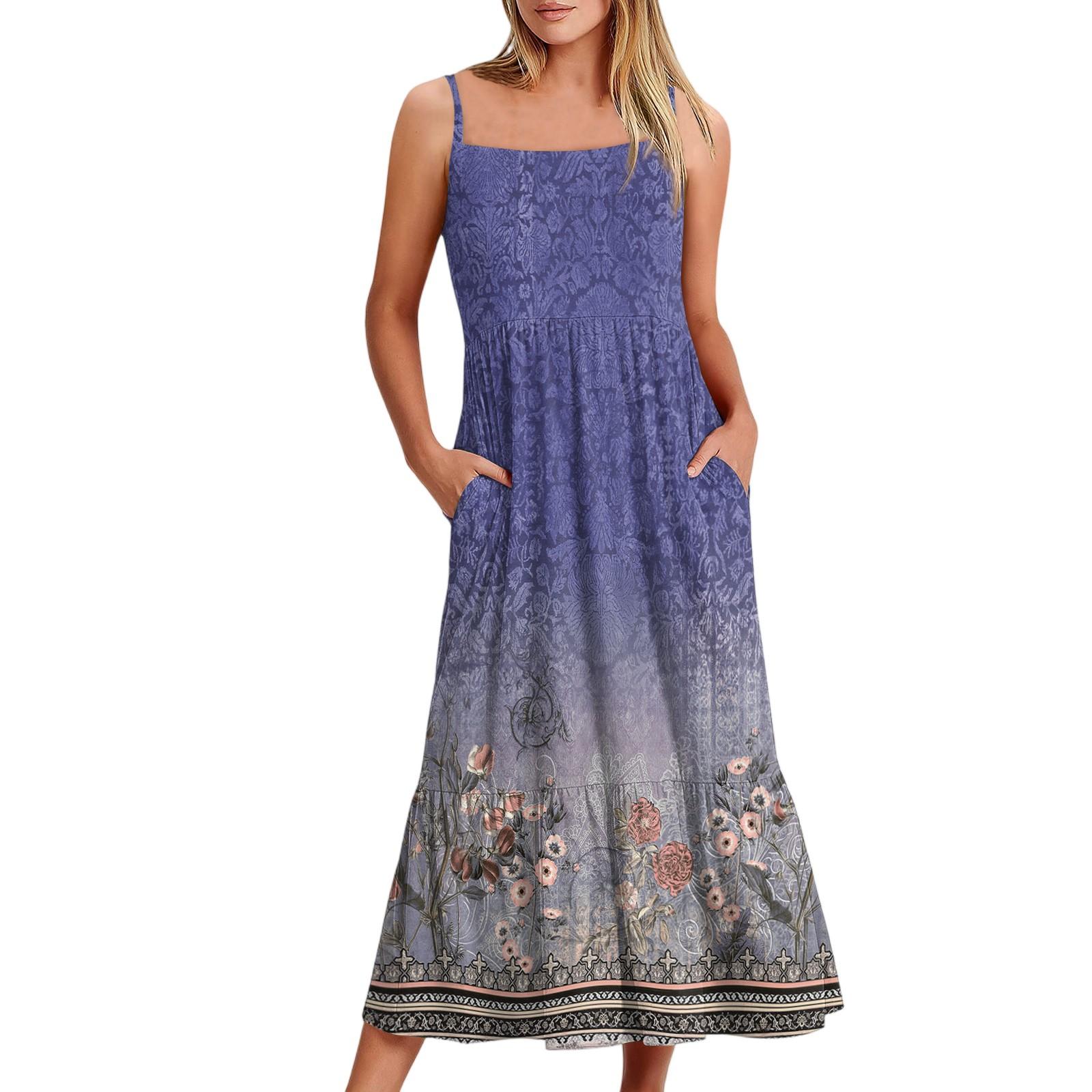 

Женское длинное пляжное повседневное элегантное платье макси на тонких бретельках с цветочным принтом, струящееся платье в стиле бохо L синий