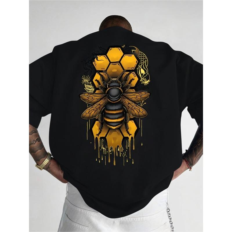 Herren Casual Kurzarm T-Shirt - Lockerer Schnitt Bienenprint Muster mit Waben - Rundhals Sommer Outdoor Oberteil - Strapazierfähig - Große Größen