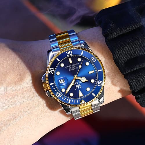 OLEVS Men's Blue Mechanical Watch, Automatic/Hand-Wound, Waterproof, Luminous, Date, Stainless Steel, Present