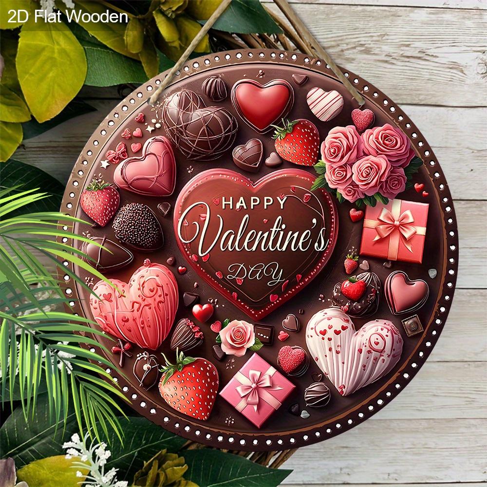 Happy Valentine's Day Chocolate Heart Wooden Sign, Round Front Door Decor, Sweet Treats & Roses Wall Hanging - Ideal Romantic Gift