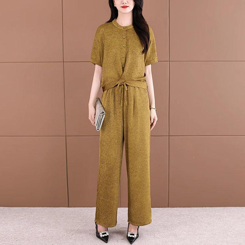 

Женская летняя мода 2025: Модный, Приталенный Комплект с Топом с Коротким Рукавом и Брюками Широкого Кроя 2XL (130-145 jin)