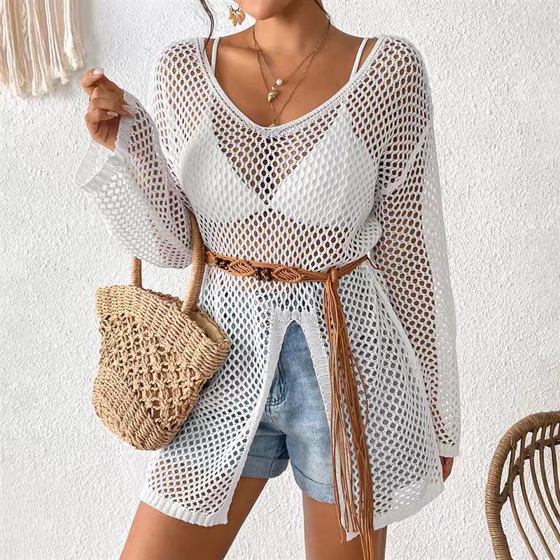 Women's Knitted Sweaters See Through Casual Loose Long Sleeve Tops Summer Lady Sexy Hollow Out Mesh Pullover Beach Smock T-shirt
