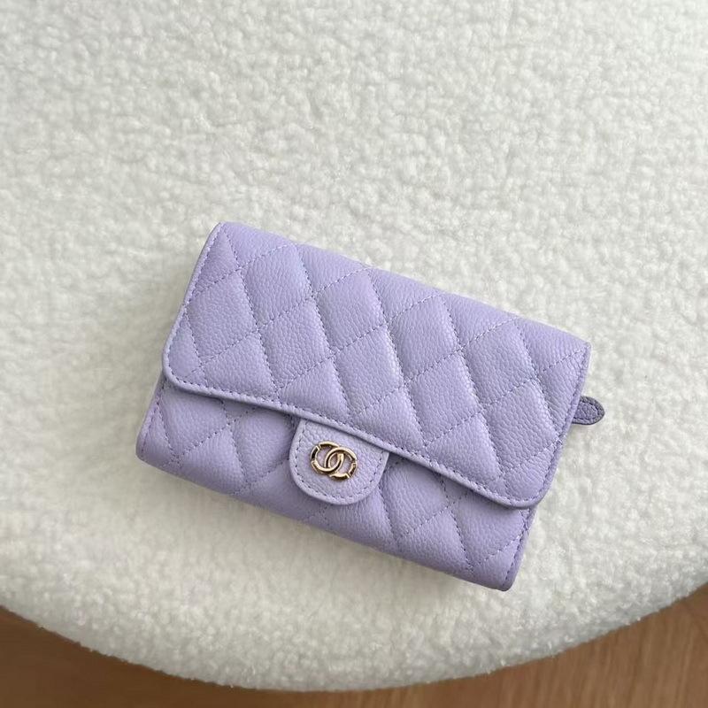 2026 New Caviar Patterned Cowhide Long Three Fold Wallet Hand-held Bag Chain Strap Crossbody Genuine Leather Women's