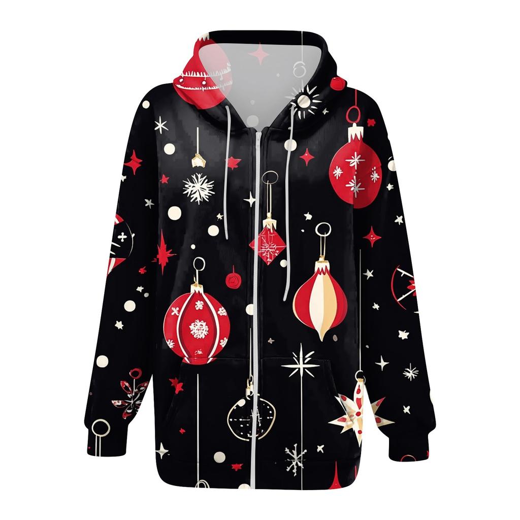 Women's Long Sleeve Christmas Print With Pockets Cardigan Zipper Hooded Sweatshirt Jacket