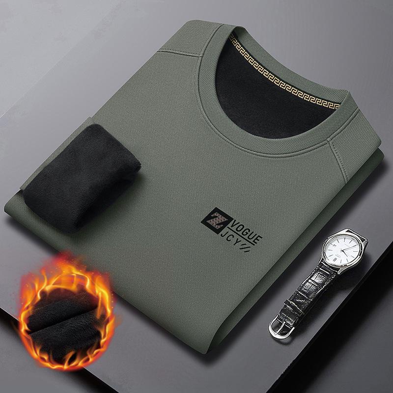 Men's Long Sleeve Round Neck Sweatshirt - Thick Velvet, Warm Base Layer for Autumn/Winter Fashion
