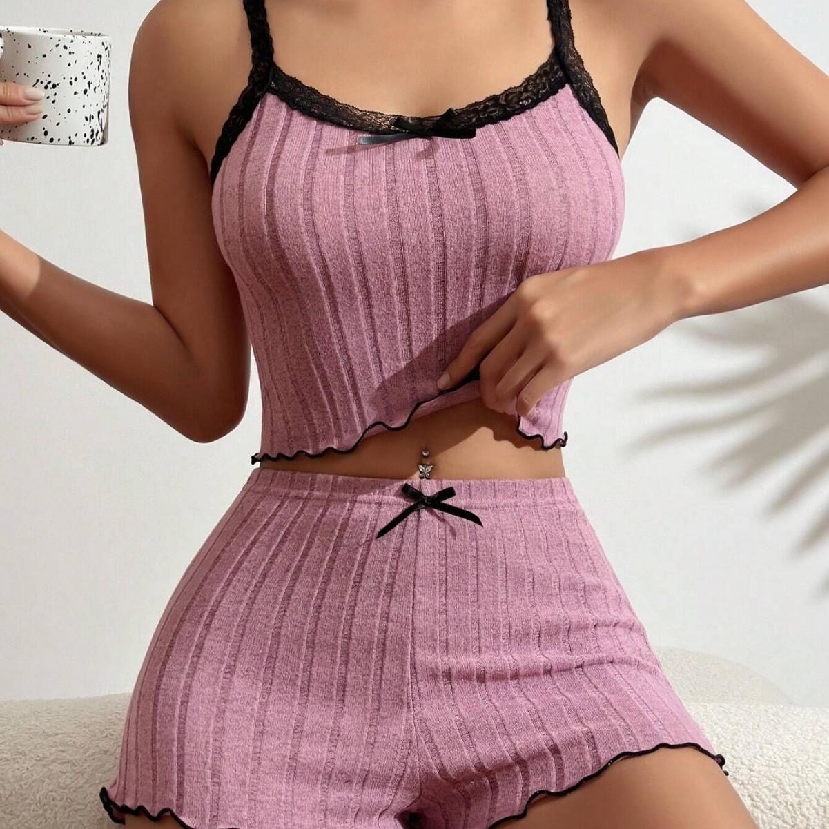 Spot hot-selling independent station new women s pajamas women s suspenders shorts lace sexy suit women s loungewear S