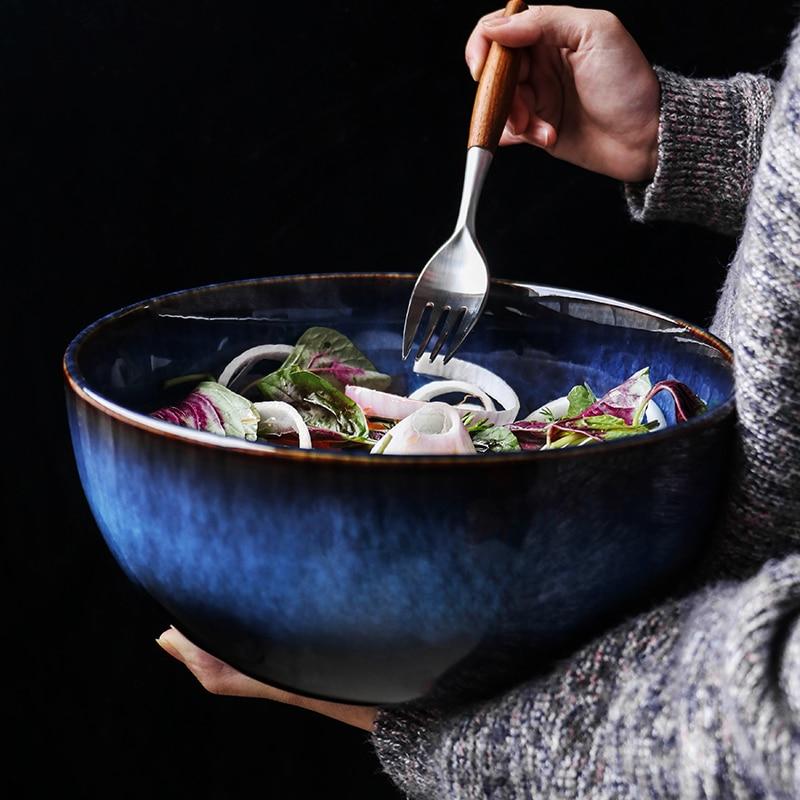 Ciotola da insalata in ceramica super grande da 2400 ml ciotola in porcellana blu vendita all'ingrosso rubinetto a sfera ciotola da tavola cena ciotola blu scuro ciotola profonda capacità ciotole | Ciotole