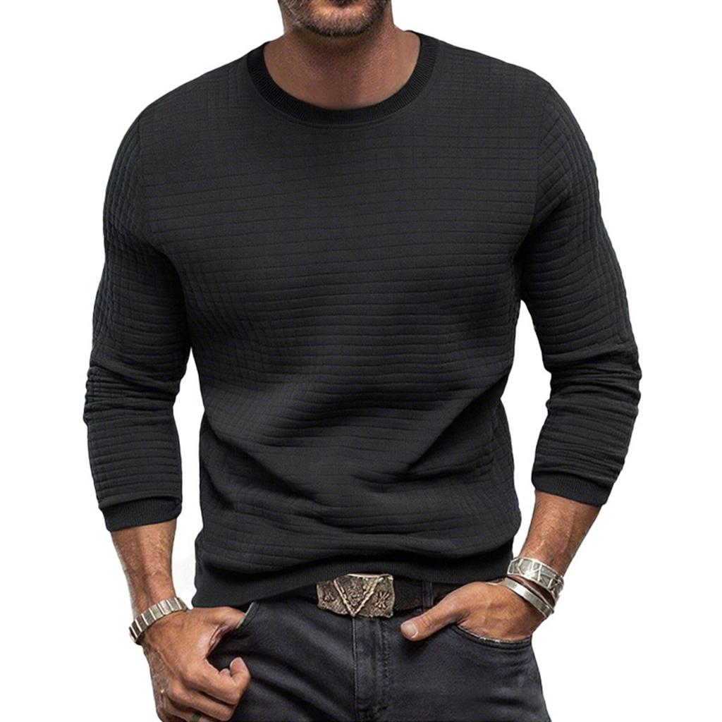 Men's Casual Long-Sleeved Checked Shirt, Slim-Fit Round-Neck Solid-Color Top