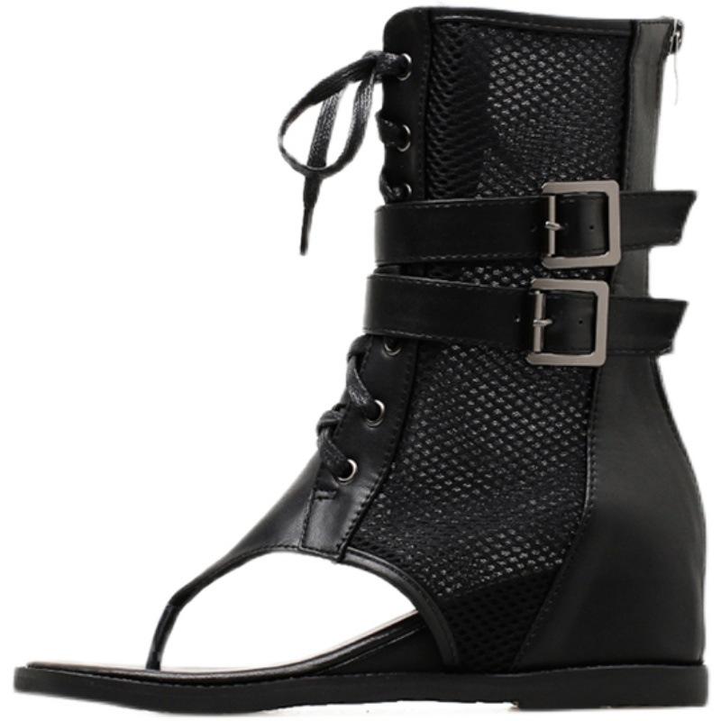 Spring 2025 cross toe strap sandals with wedge heel and inner height increase for women mesh breathable Roman cool boots