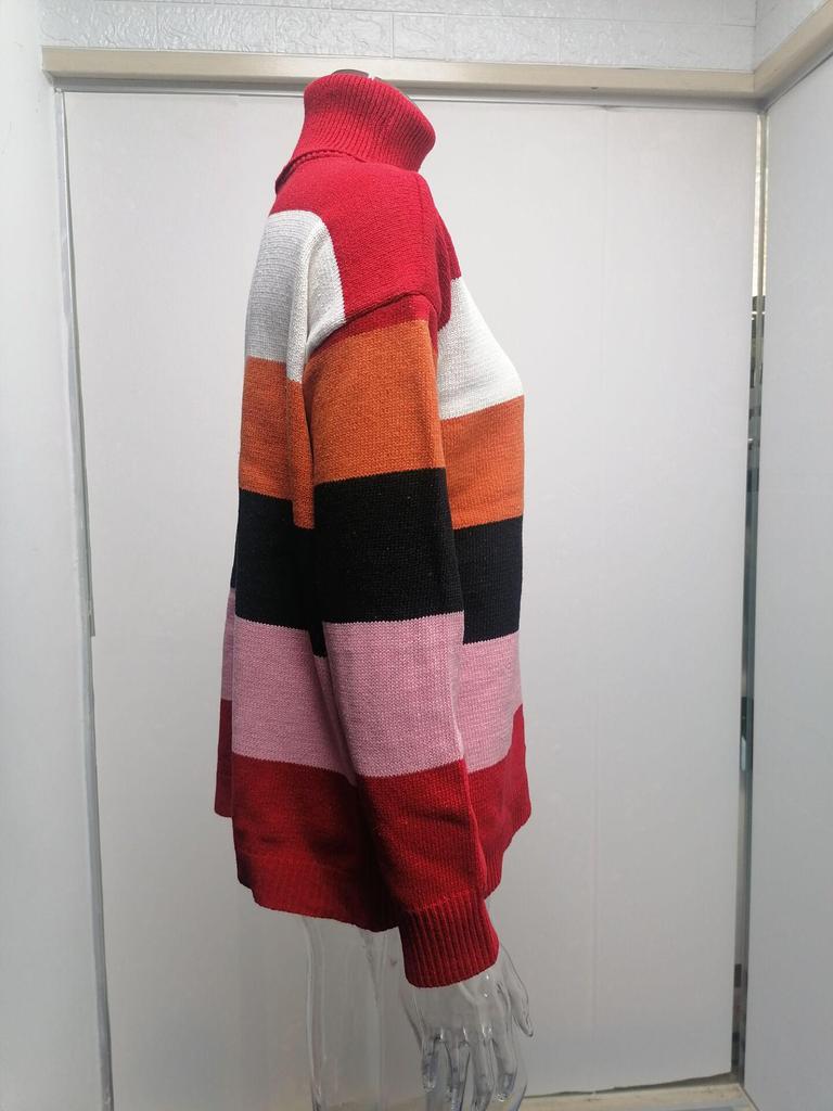 2025 Autumn/Winter High Neck Patchwork Knit Plus Size Women's Striped Sweater