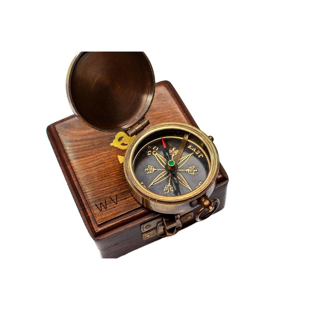 Antique Brass Pocket Compass with Wooden Box