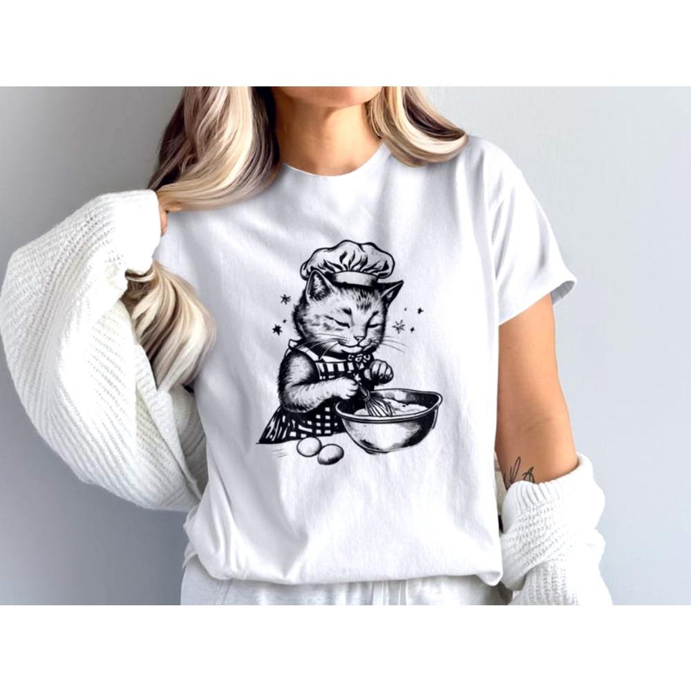 

Baking Cat T-Shirt Chef Cat Tee Cute Design Baking Lover Gift Funny Women Cartoon Summer Sleeved Streetwear Tops Tees S