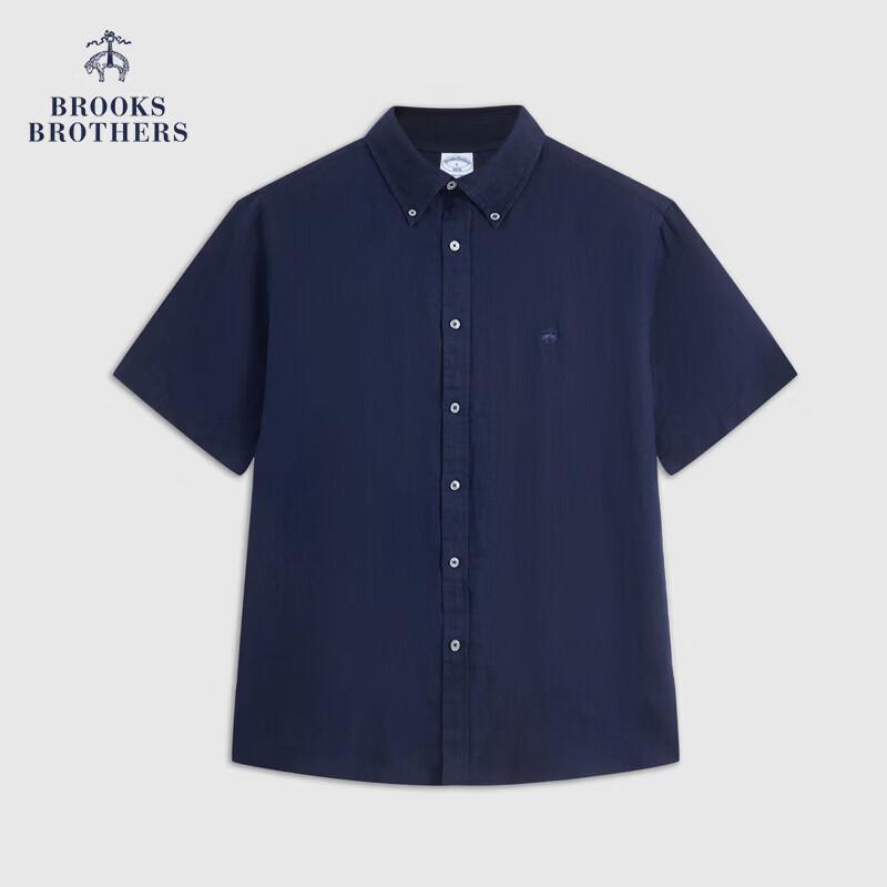 Brooks Brothers Men s Linen Logo Short Sleeve Button-Down Shirt L