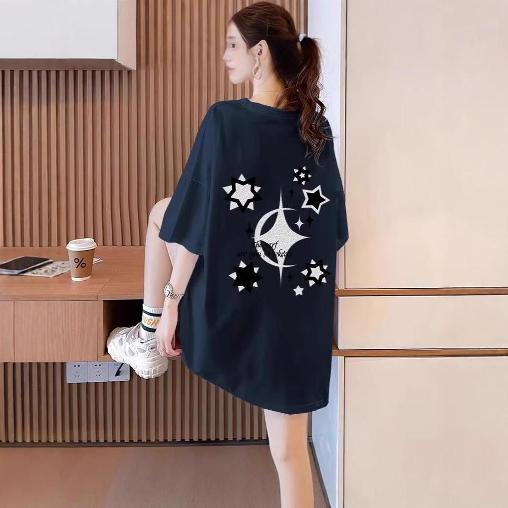 Damen 2025 Sternenprint Weiß Kurzarm Locker Mittellang T-Shirt - Frühling/Sommer Trend